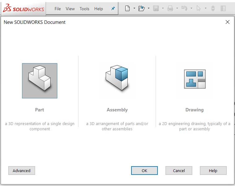 صفحهی شروع ساخت پارت جدید در محیط نرم افزار سالیدورک